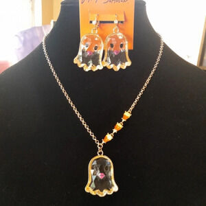 BETSEY JOHNSON SET Halloween Clear Beveled Gold-Trim Ghost Earrings Necklace NWT